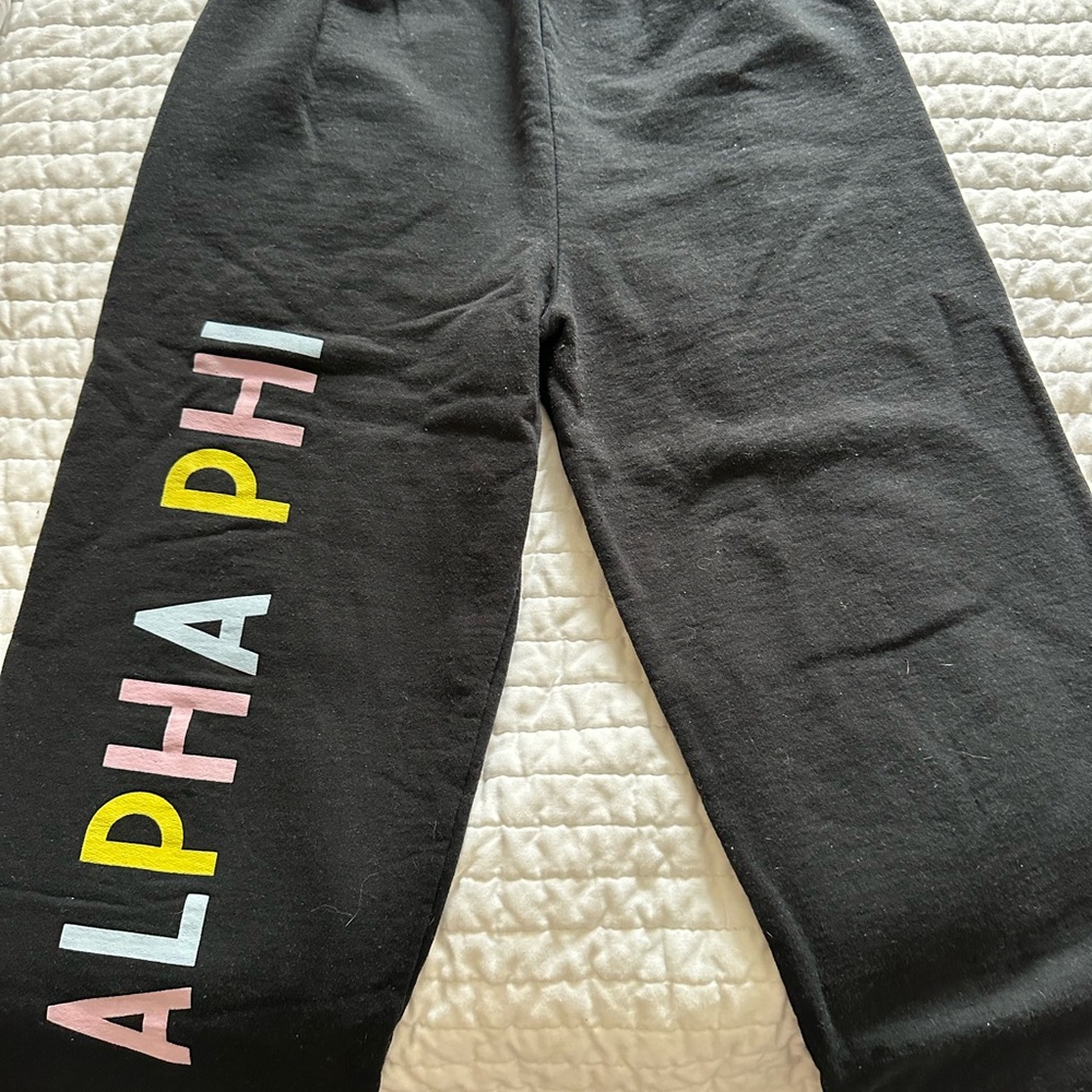 Black Sweatpants with Colorful Alpha Phi Letters